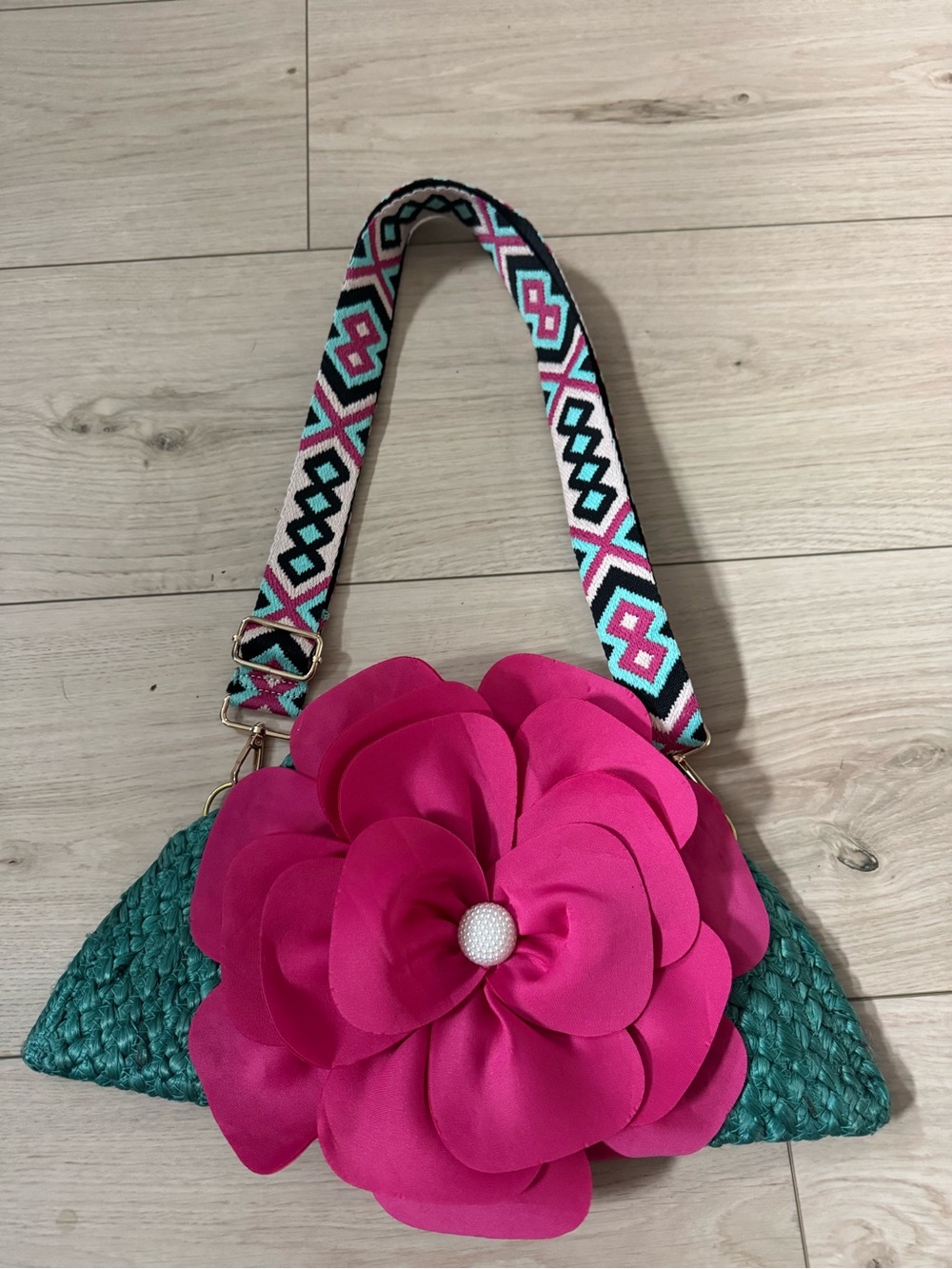 Boho Oversized Pink Flower Crossbody or Shoulder Bag woven Purse EUC